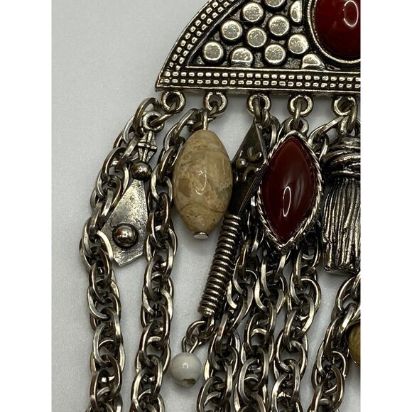 Vintage Silver-Tone Multi-Chain Statement Brooch With Red Beige & White Stone Ac - Picture 3 of 12